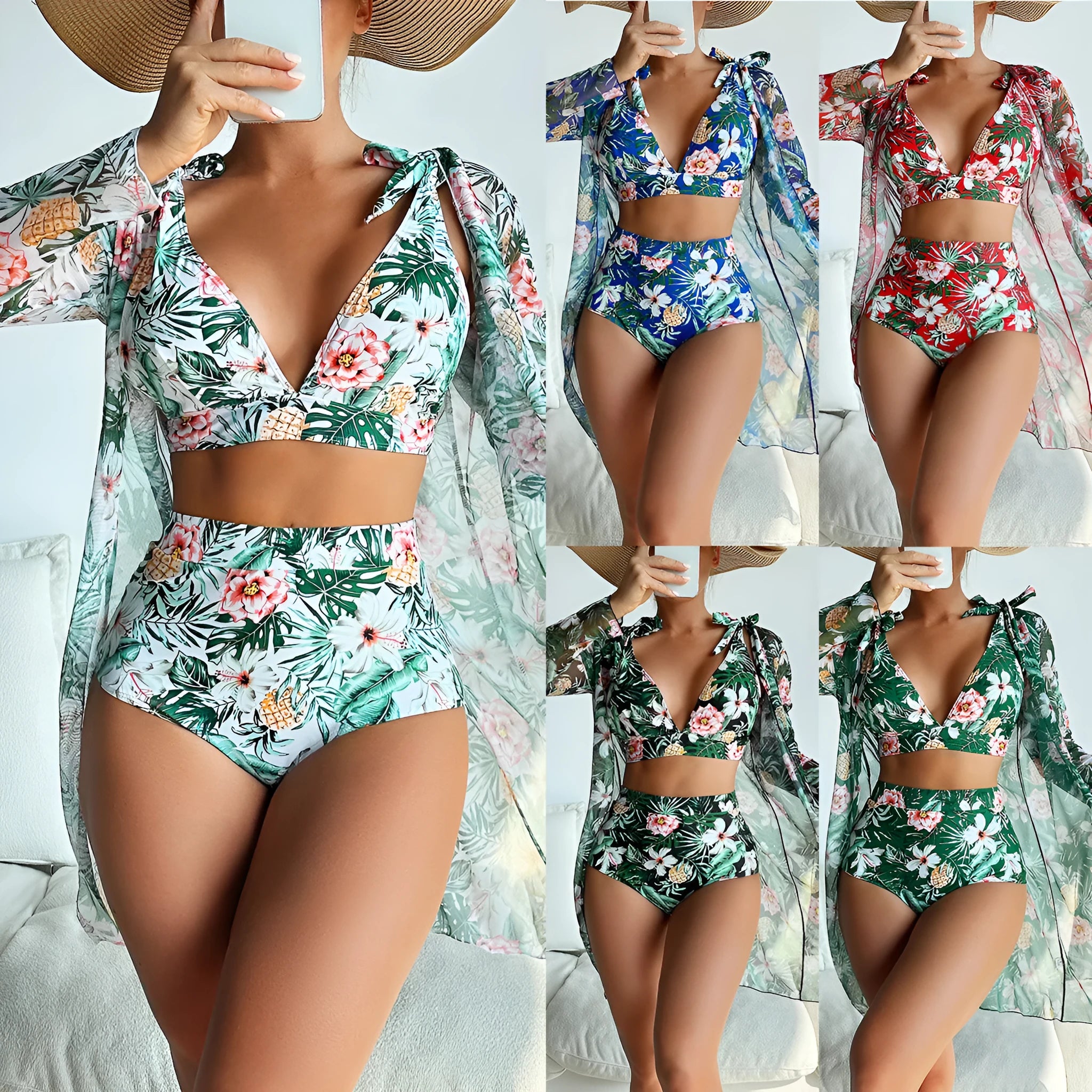 Women's multicolour printed bikini three-piece set showing sun shirt, bra, and shorts.