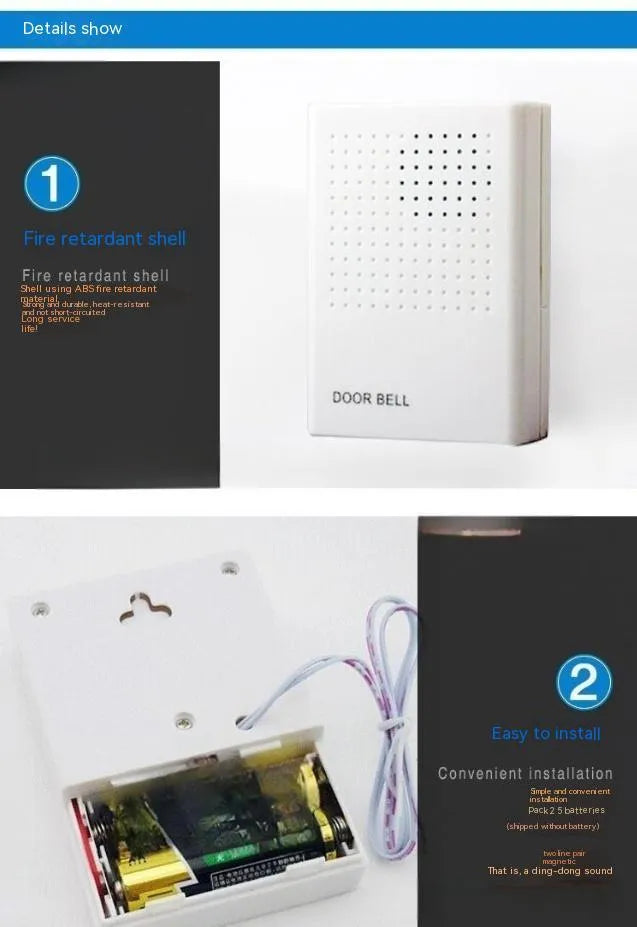 White wired doorbell 87x62x23mm with battery-mounted dingdong design for hotel and home access control