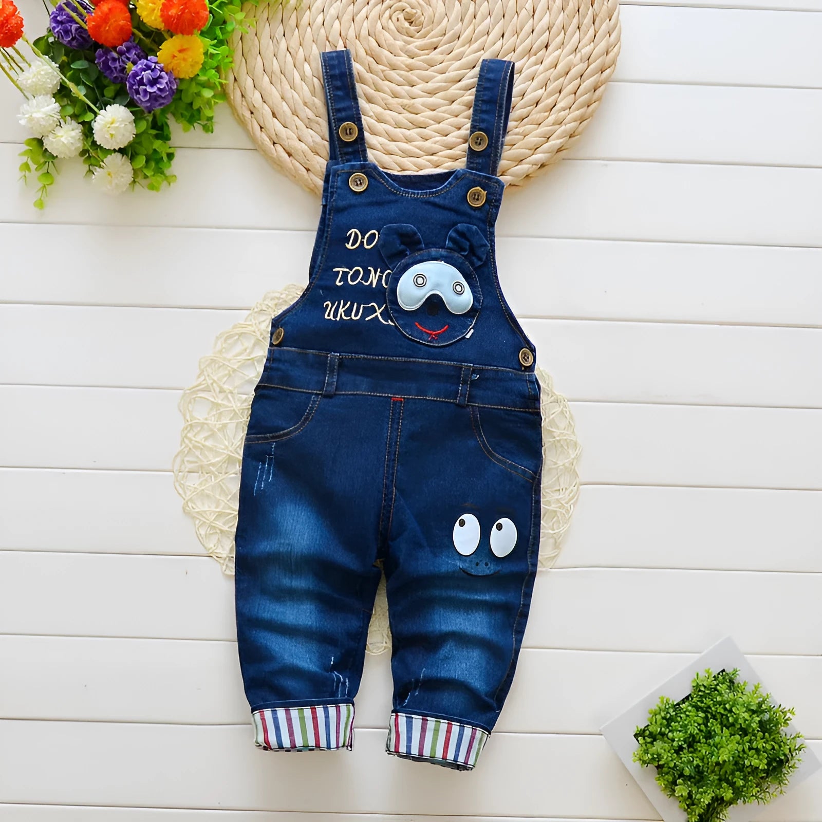 Cotton bib jeans children's overalls high-waist button zipper soft treatment suitable height 80-110cm
