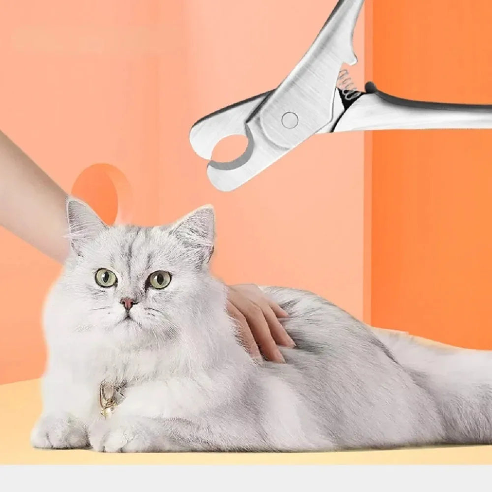 Silver professional pet nail clipper with stainless steel blades and safety guard for dog and cat grooming.