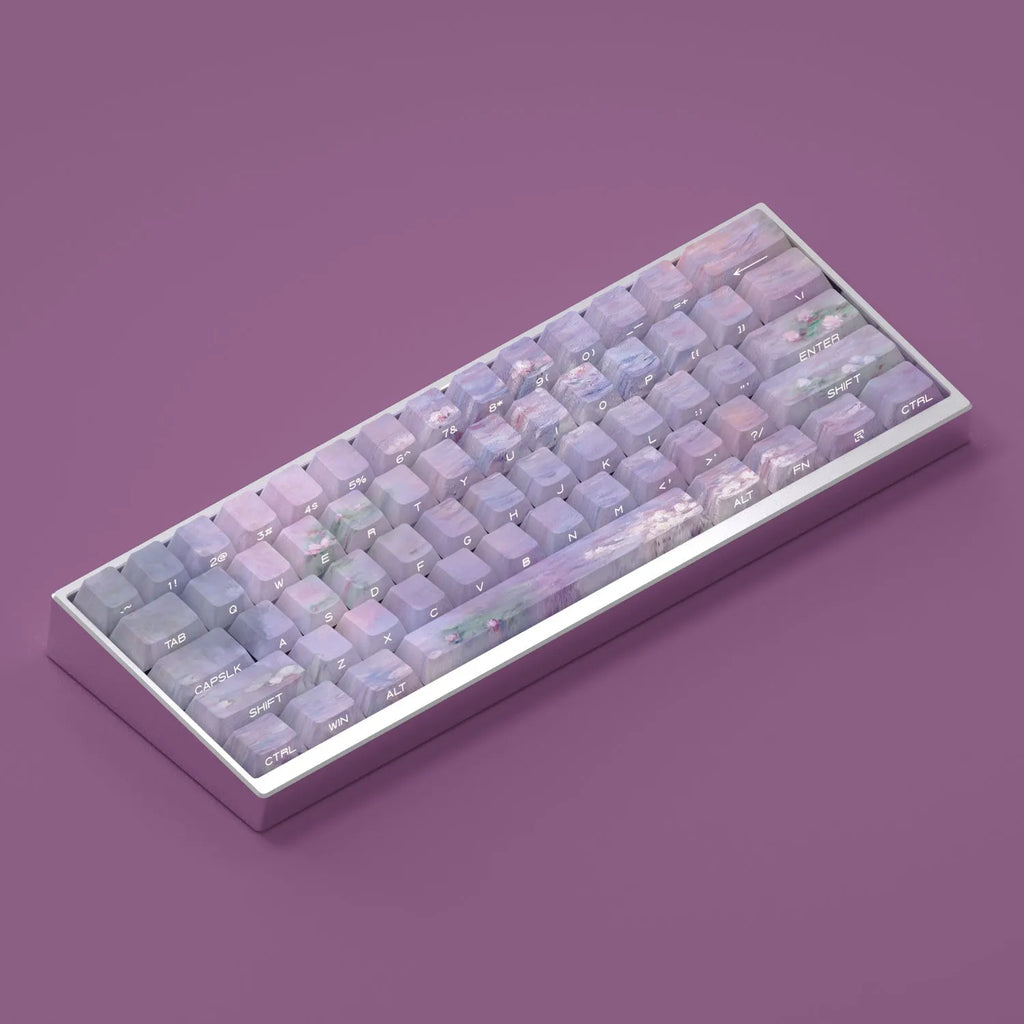Wenshao Sleeping Lotus PBT key cap set showing side-carved light-transmission characters and five-sided sublimation artwork