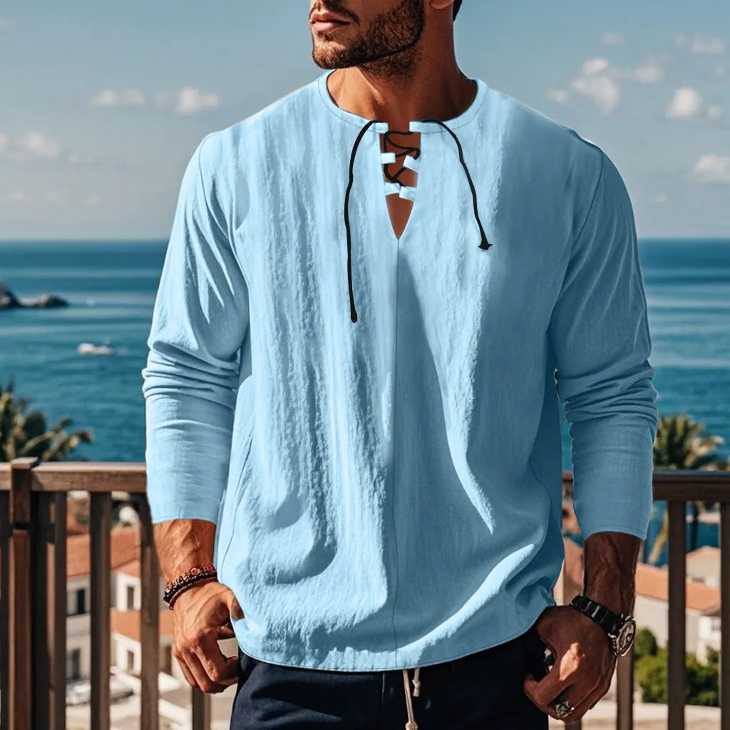 Cotton linen blend solid colour beach shirt in loose pullover style