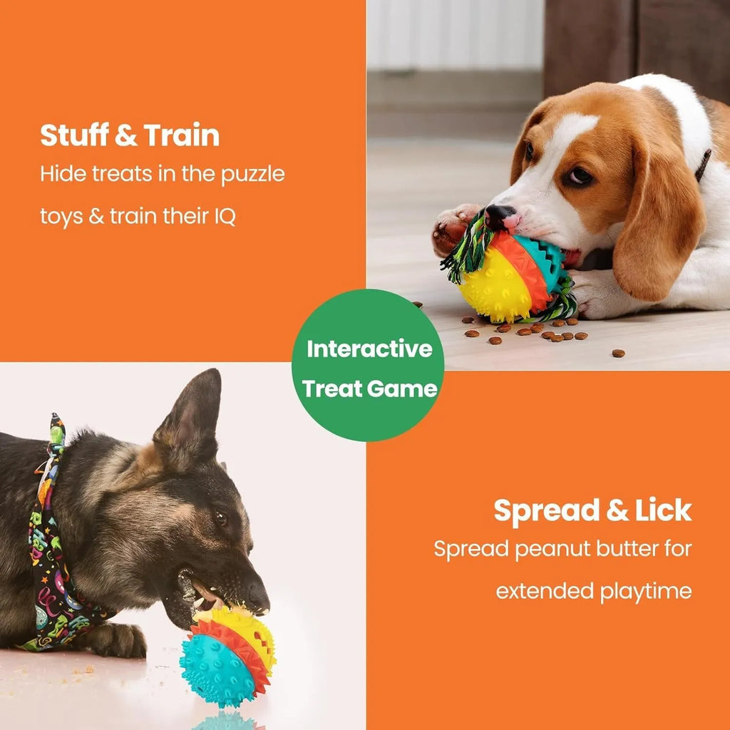 Blue and red TPR rubber dog ball chew toy with rope attachment and treat dispenser hole.
