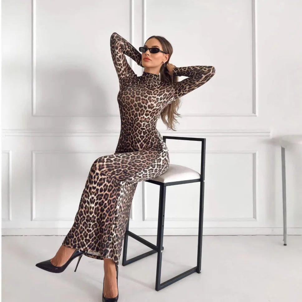Leopard print long dress with stand collar and long sleeves in milk silk fabric