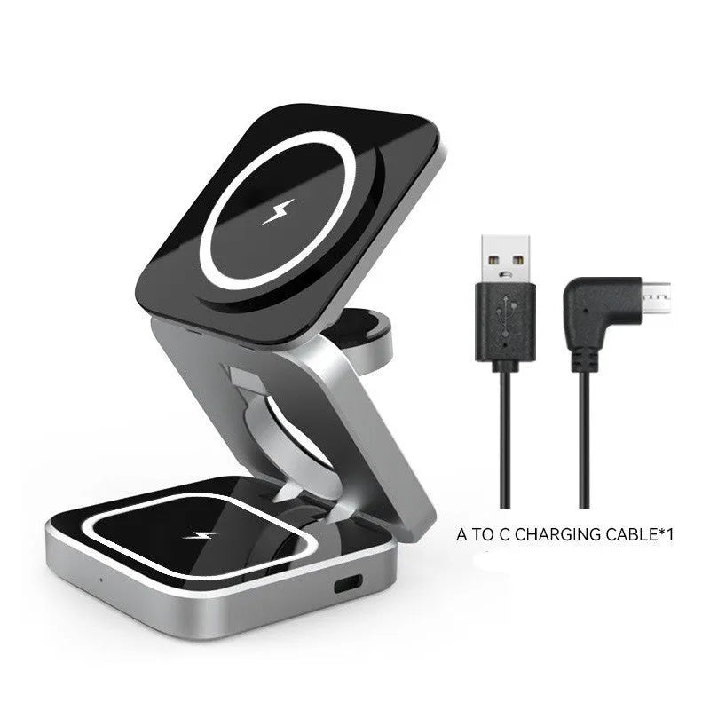 Folding three-in-one wireless charging bracket for Apple Samsung and Google devices with magnetic ring