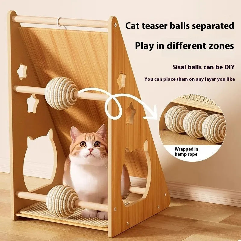 Vertical wall-mounted cat scratch board with hemp rope wrapping and teasing ball design