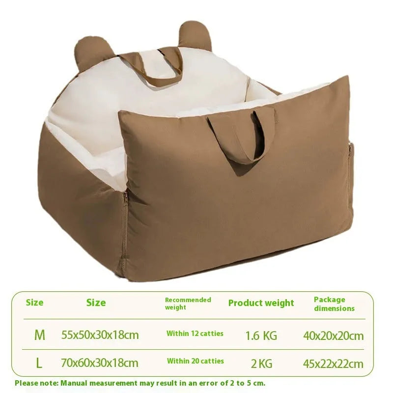 Blue beige universal dog car kennel with removable washable cover shown in a vehicle boot.