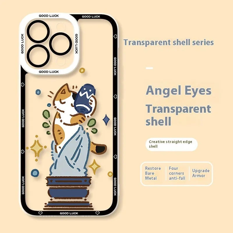 Transparent cat eye silicone phone case with UV printed cat pattern, drop-resistant, fits Apple iPhone
