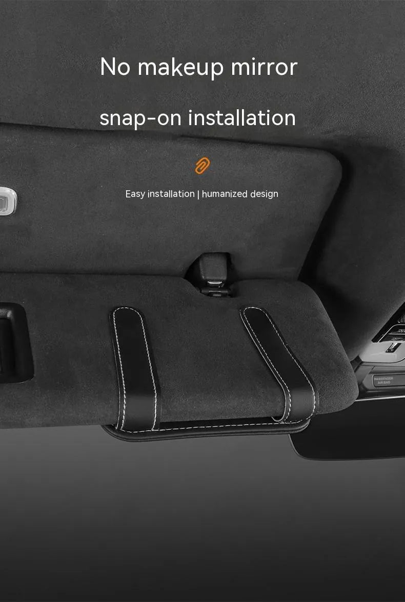 Cowhide leather automotive sun visor holder with glasses clip and card slots in beige colour.