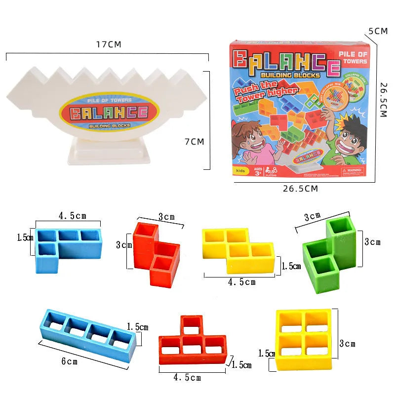 Balance stacking game with 16 plastic building blocks, chassis, and base on a table