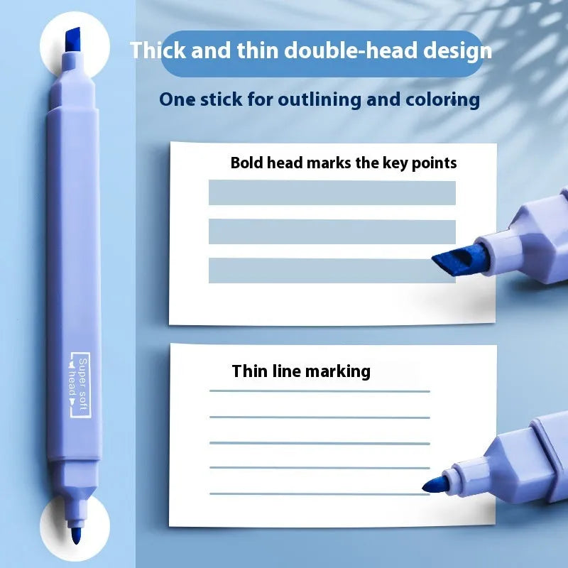 Set of double-ended fluorescent marker pens showing fine fibre tip and broad chisel tip ends