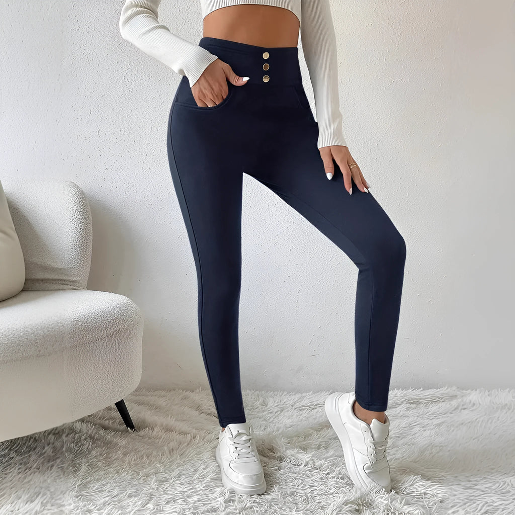 Navy blue women's high waist trousers with straight leg design and casual styling