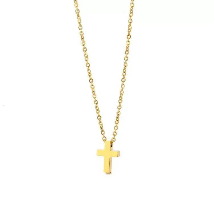 Classic titanium steel cross pendant necklace on O-ring chain in gold colour finish, adjustable 41-50cm
