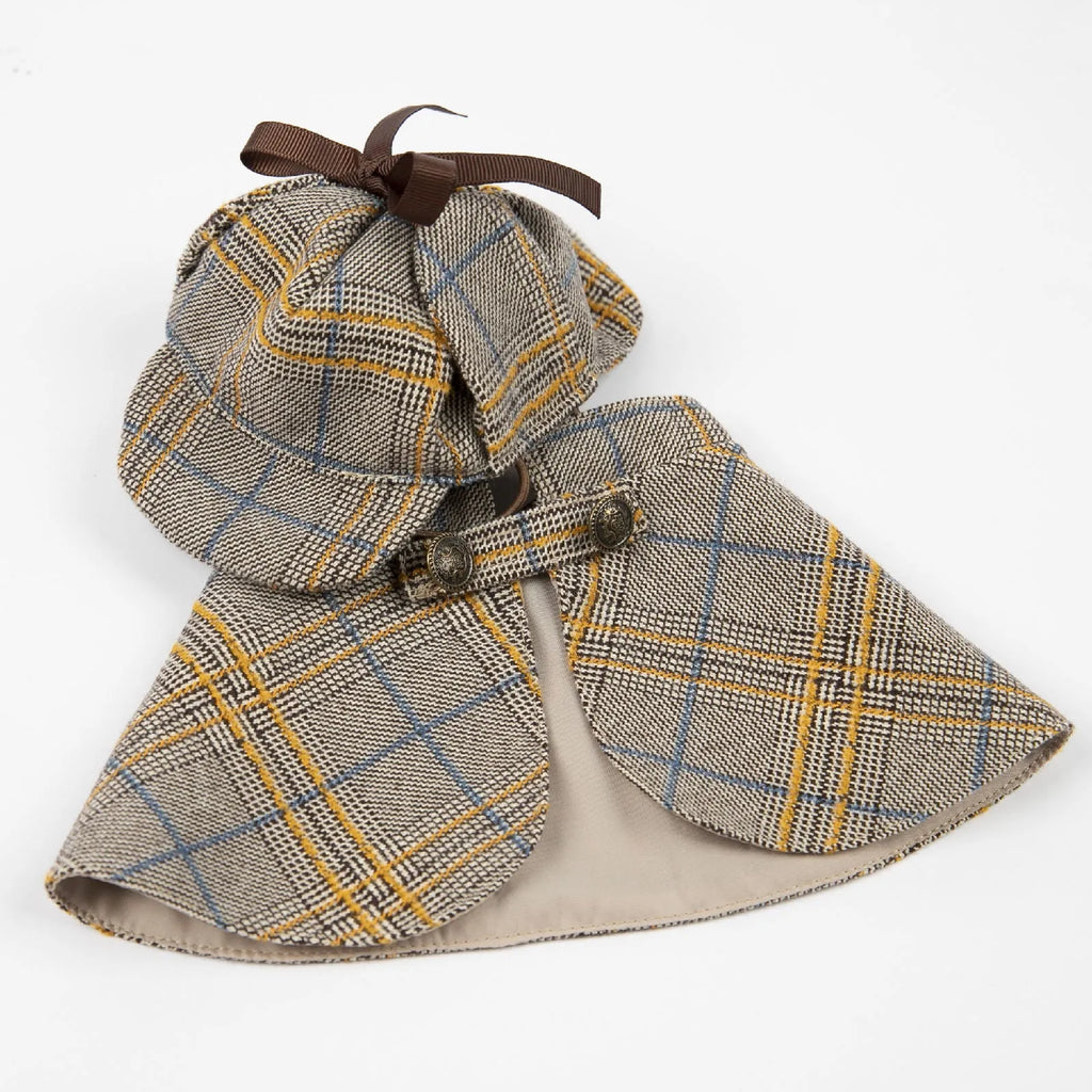 Camel coloured detective suit style cotton cloak for a dog or cat, showing the adjustable hat.
