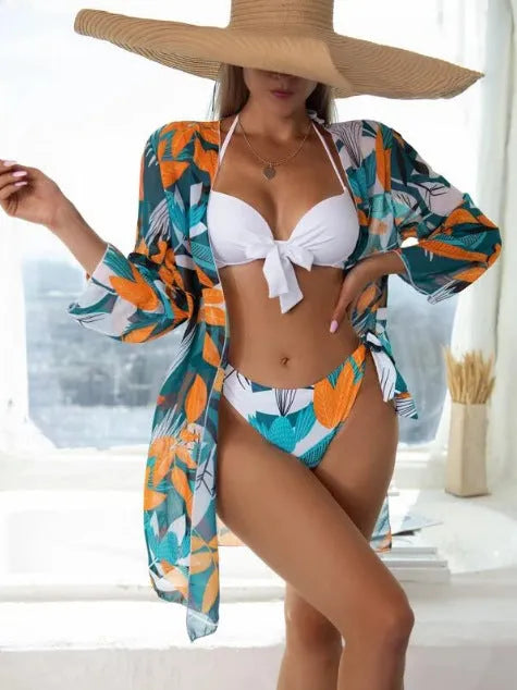 Women's three-piece mesh bikini swimsuit set shown in one of six available colours