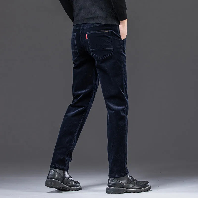 Straight slim-fit cotton corduroy trousers in brown, shown from front