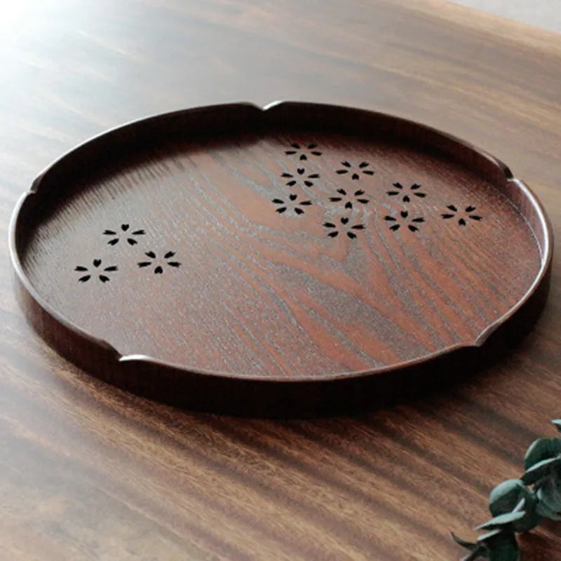 Wooden dessert plate with hollow sakura cherry blossom pattern, 30cm diameter, 2cm depth