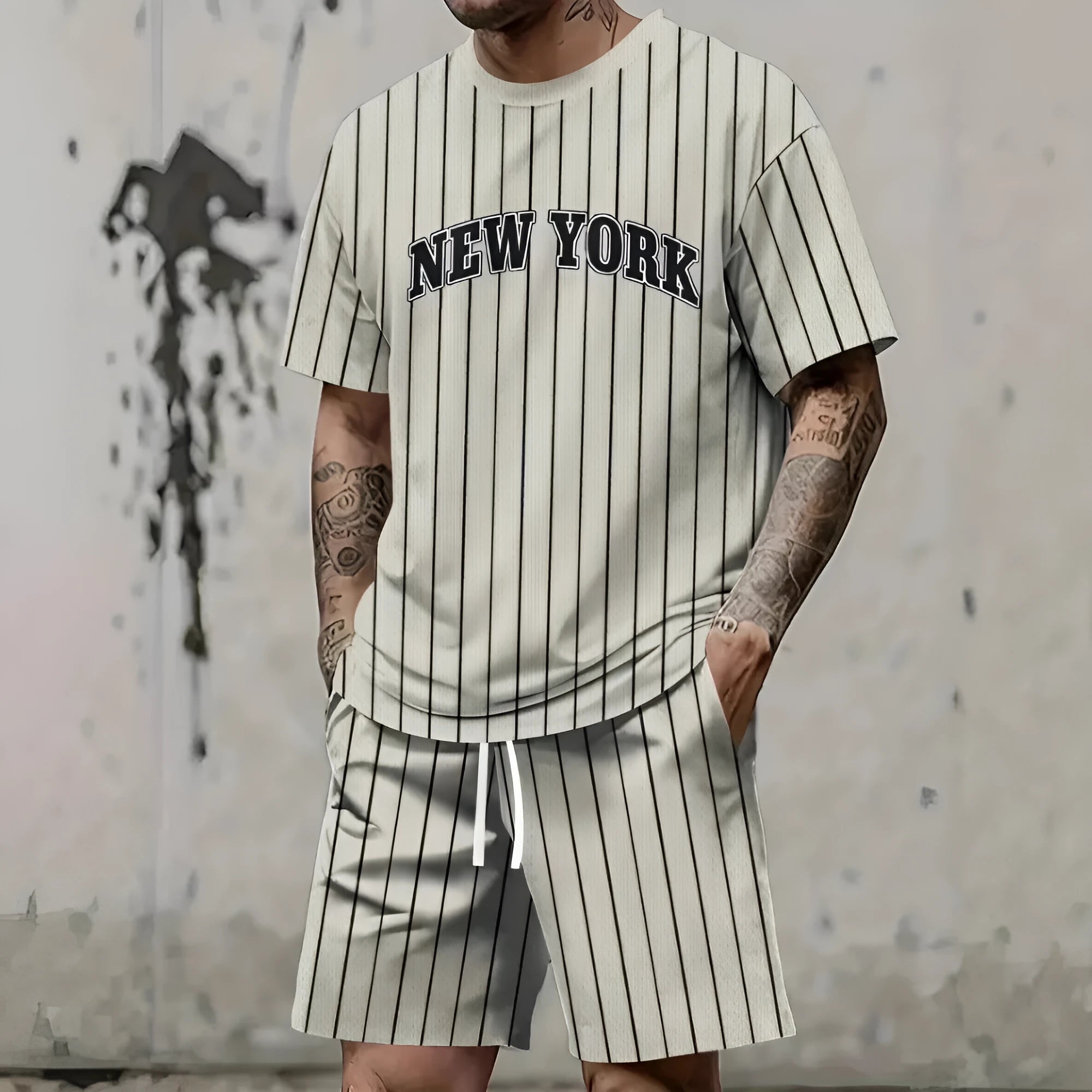 Men's grey sports suit with 3D printed white lettering on the short sleeve top and matching shorts.
