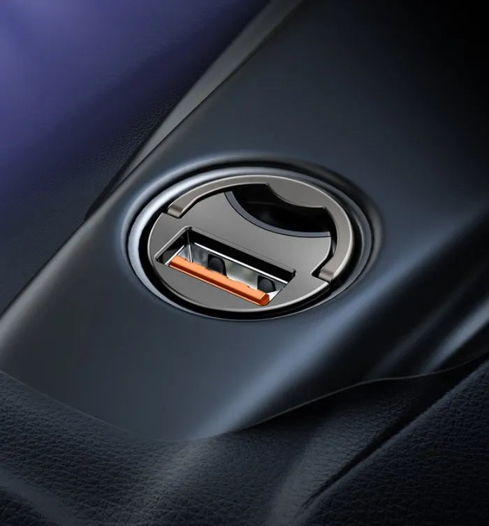 Baseus Huixiaoxing grey 30W car charger with 1-metre cable plugged into vehicle socket