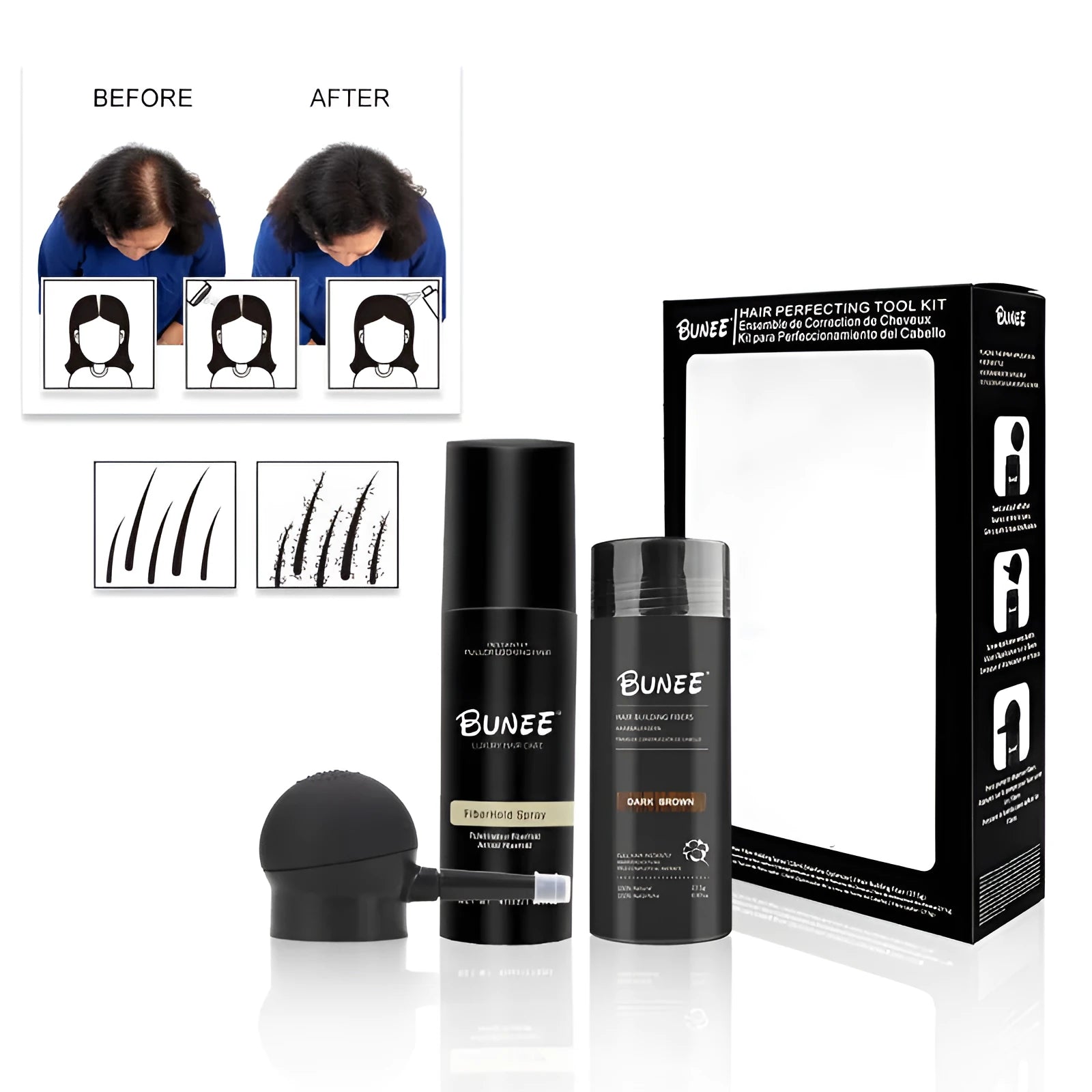 Box of dense hair fibre powder 275g with shaping spray and applicator nozzle for thinning hair coverage