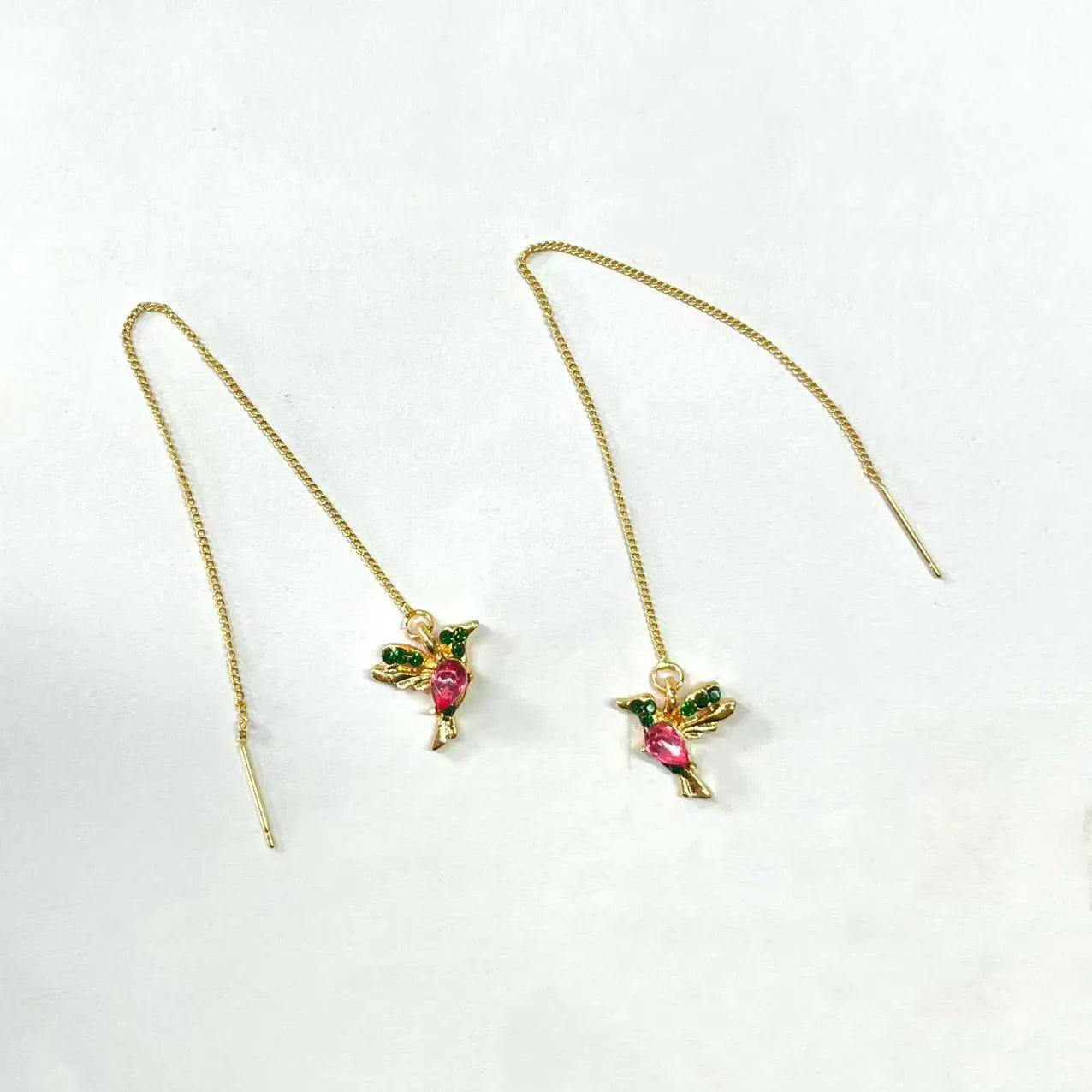 Long drop bird design alloy earrings with mixed zirconium wings in red, blue, or red lvzuan.