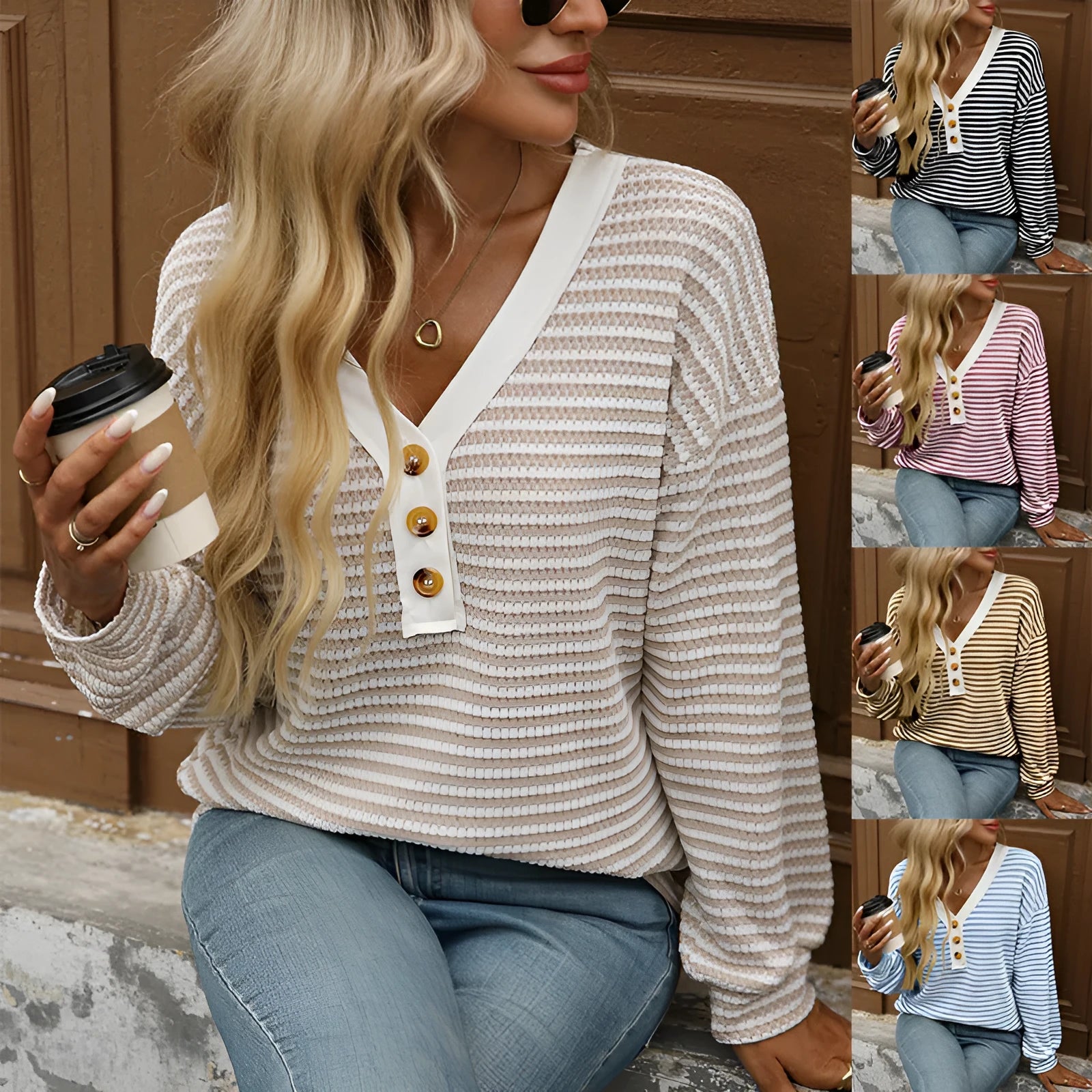 Women's loose fit V-neck pullover top with long sleeves and patchwork detail in a colour selection.
