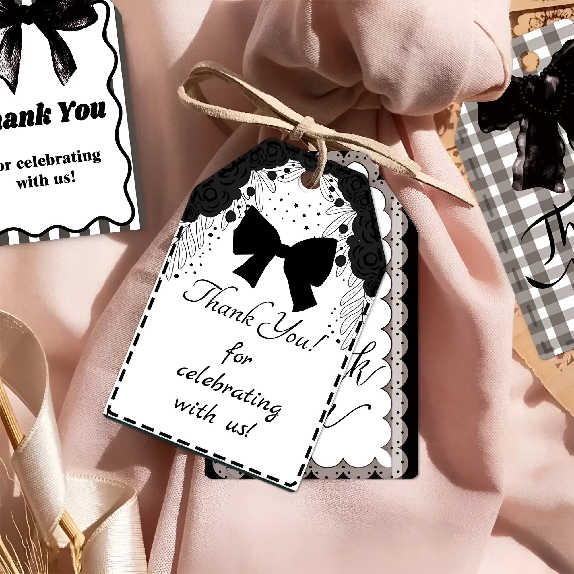 60 paper birthday gift tags with hemp rope ties in three bowknot styles
