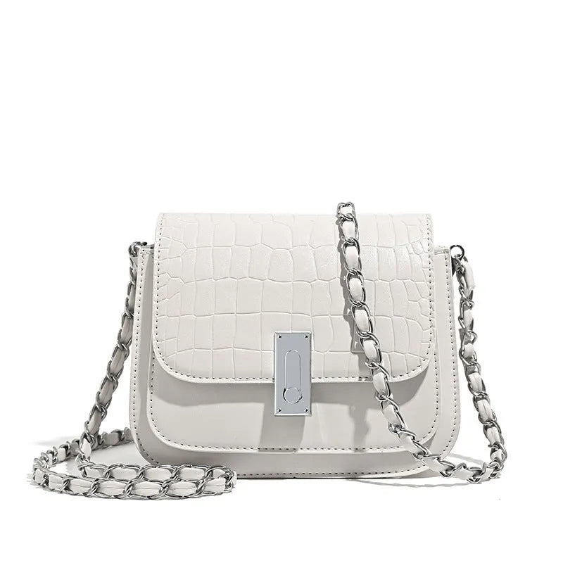 Women's soft PU leather shoulder bag with chain strap in horizontal square shape showing sandwich pocket design