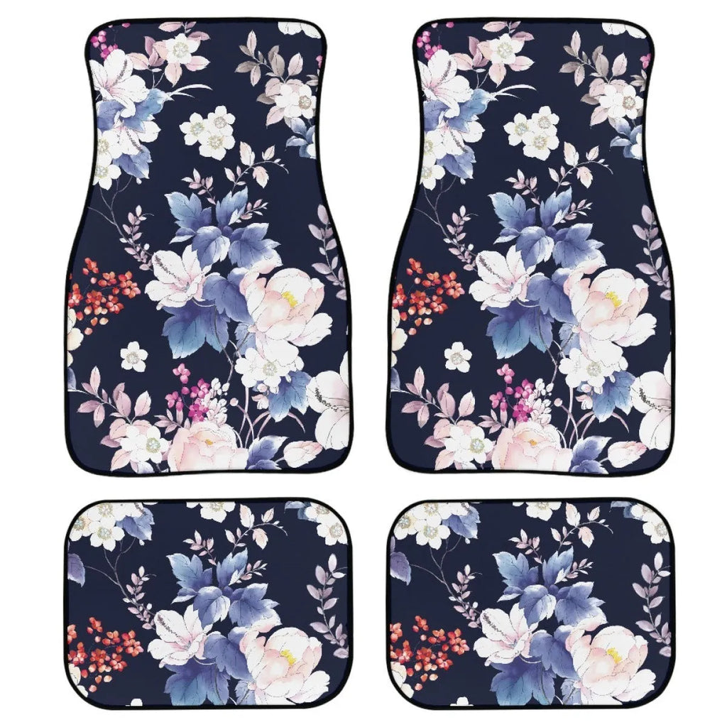 Black printed rubber car floor mats in a four-piece set, showing textured surface and 20mm thickness.