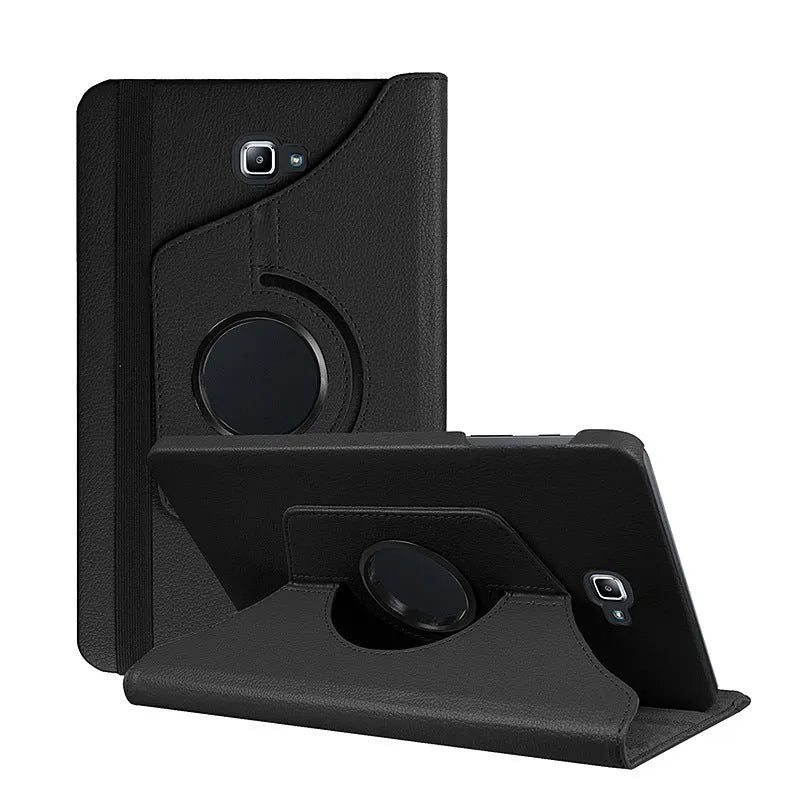 Rotating leather tablet case in clamshell design showing 360-degree mechanism and litchi grain texture