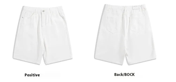 Men's light blue denim shorts with straight legs and a zipper fly on a mid-rise waist.