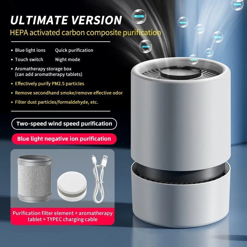 White desktop air purifier unit with USB cable for small room odour and smoke removal