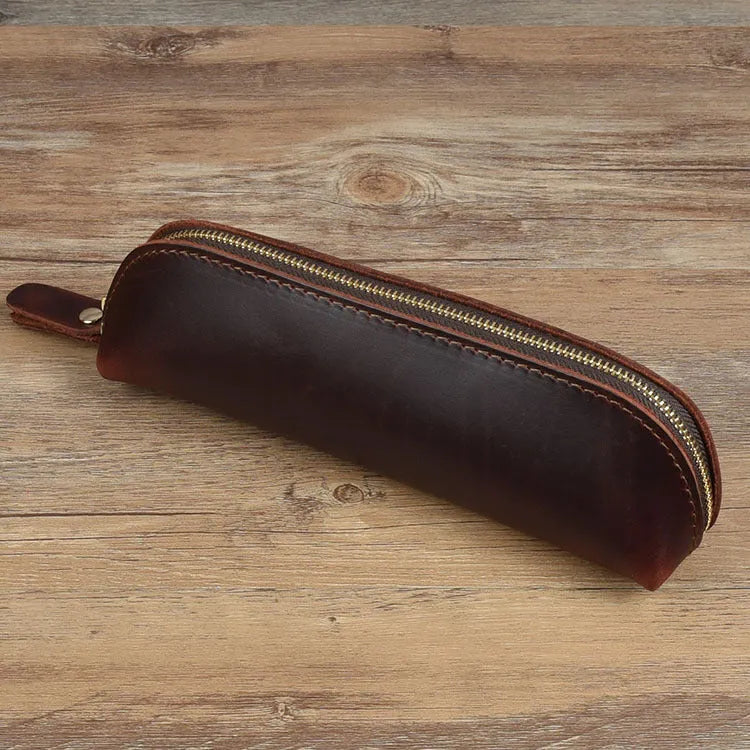 Black handmade cowhide leather pencil case with zipper, showing square 18cm design.
