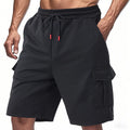 Men's heavy loose casual multi-pocket sports cargo shorts in terry fabric available in light grey, black, and dark grey
