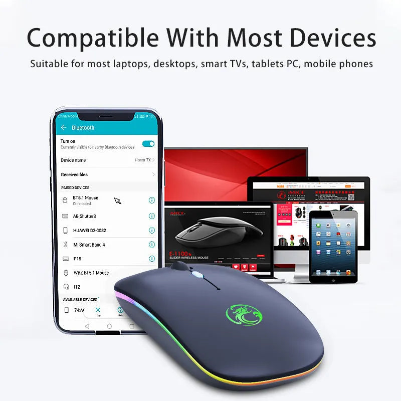 Dual-mode wireless silent mouse with luminous charging indicator in black or white colour options