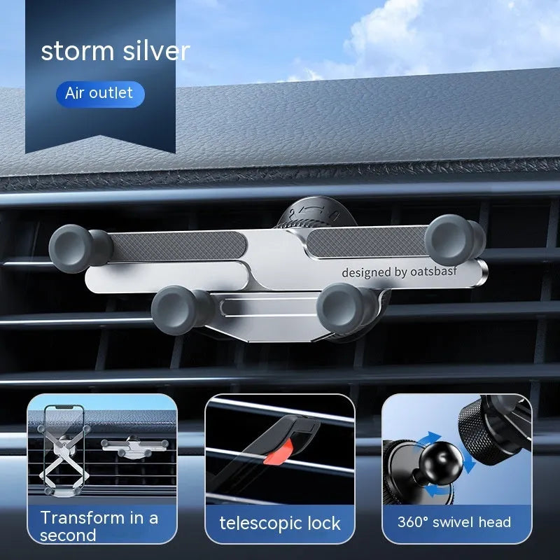 Aluminium alloy magnetic car phone holder in black, showing clip-on air vent mount and adhesive dashboard version.