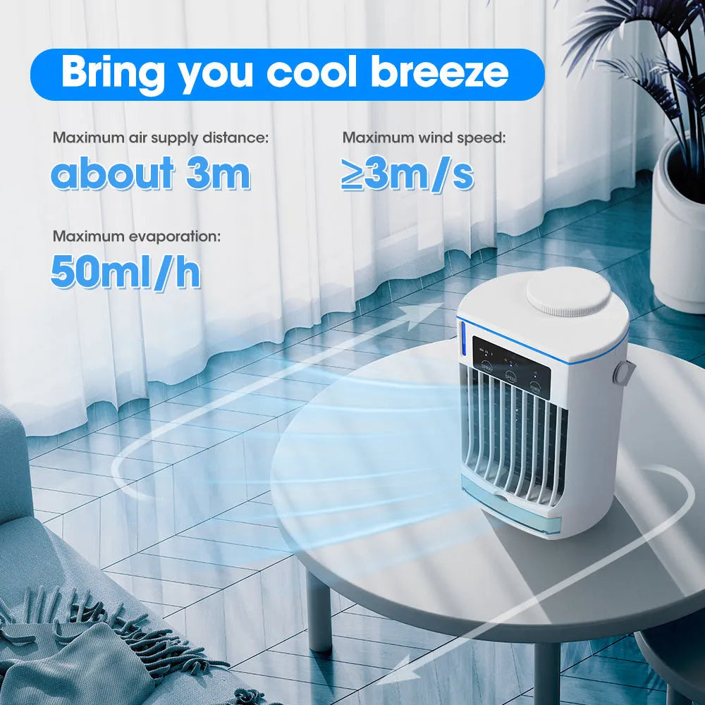 New mini air cooler with USB power, humidification spray fan, and three speed settings on a desk