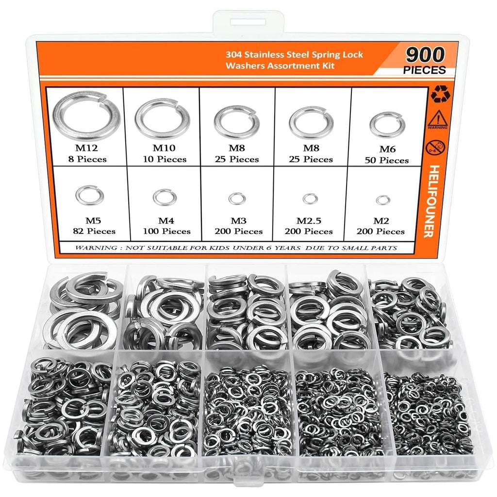 304 stainless steel spring lock washer assortment box with 900 pieces for 2mm to 12mm metric fasteners