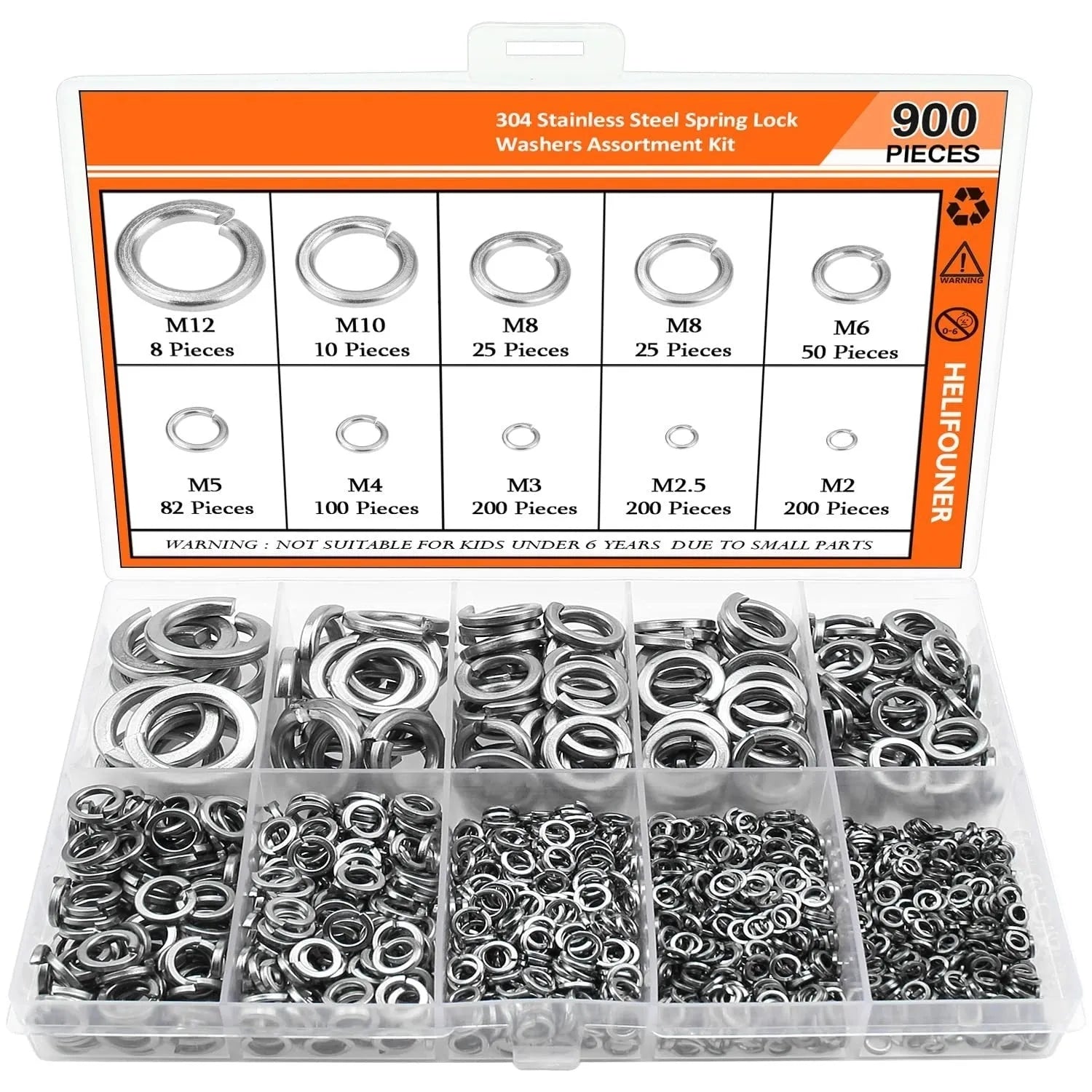 304 stainless steel spring lock washer assortment box with 900 pieces for 2mm to 12mm metric fasteners