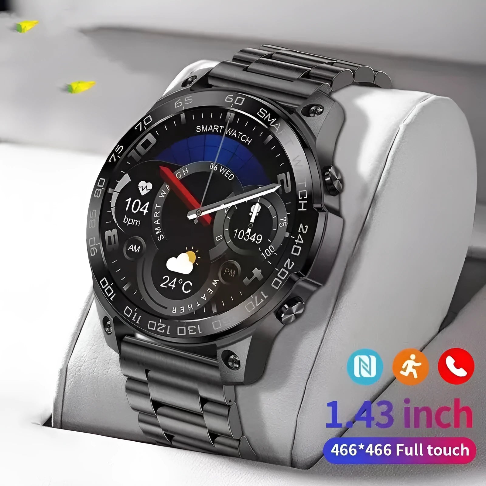Bluetooth sports watch with AMOLED screen showing health metrics on silicone strap