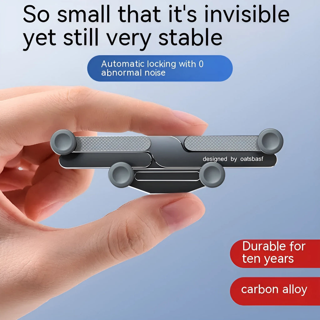 Aluminium alloy magnetic car phone holder in black, showing clip-on air vent mount and adhesive dashboard version.