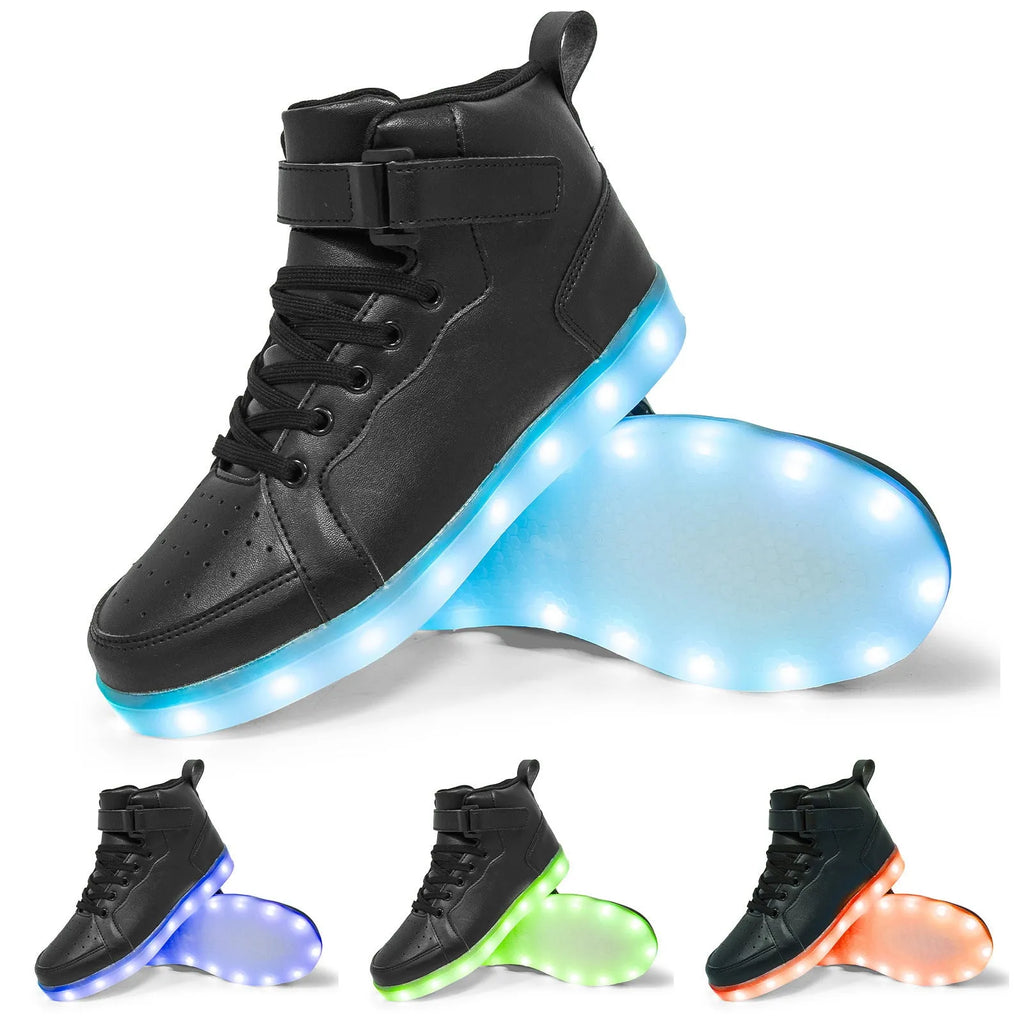 A pair of black high-top shoes with a Velcro strap and illuminated LED lights in the rubber sole.