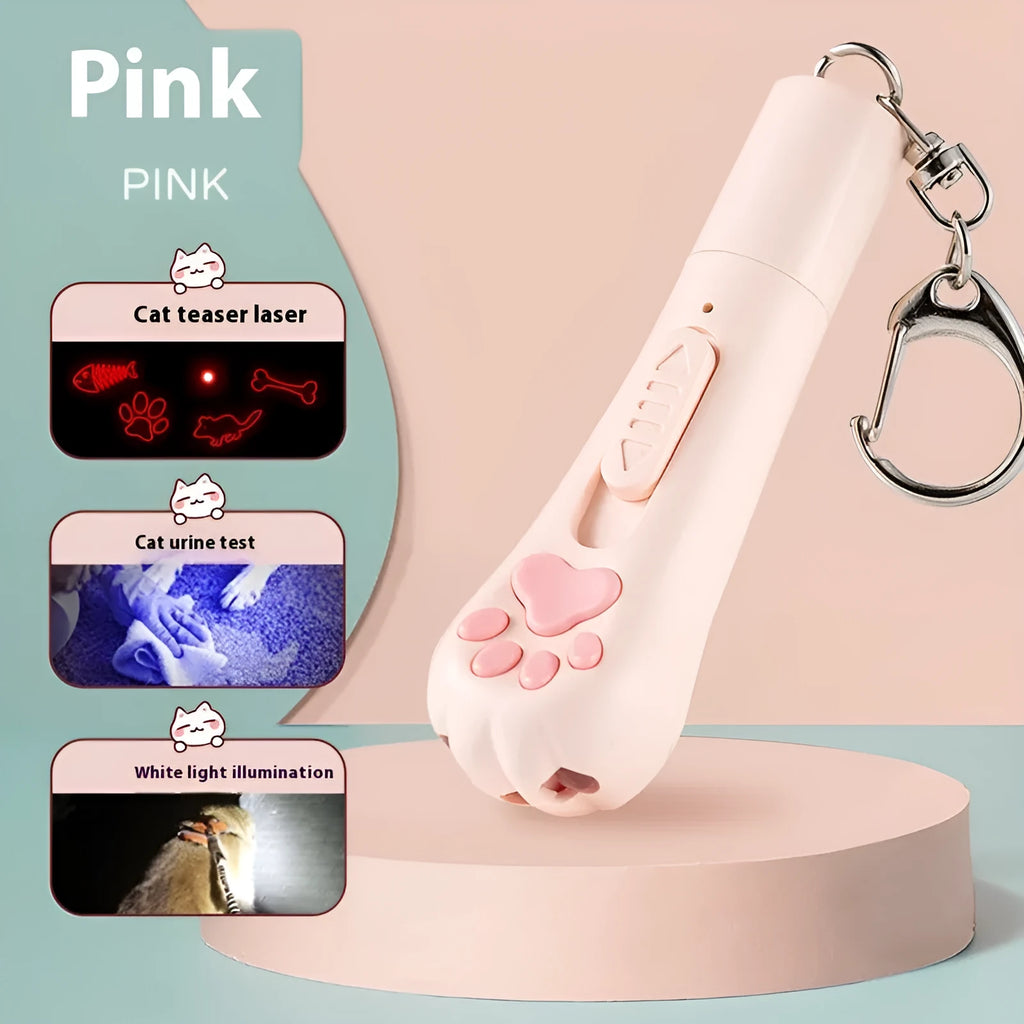 Plastic cat teaser pen light toy in cream white, pink, or sky blue colours with self-hi feature