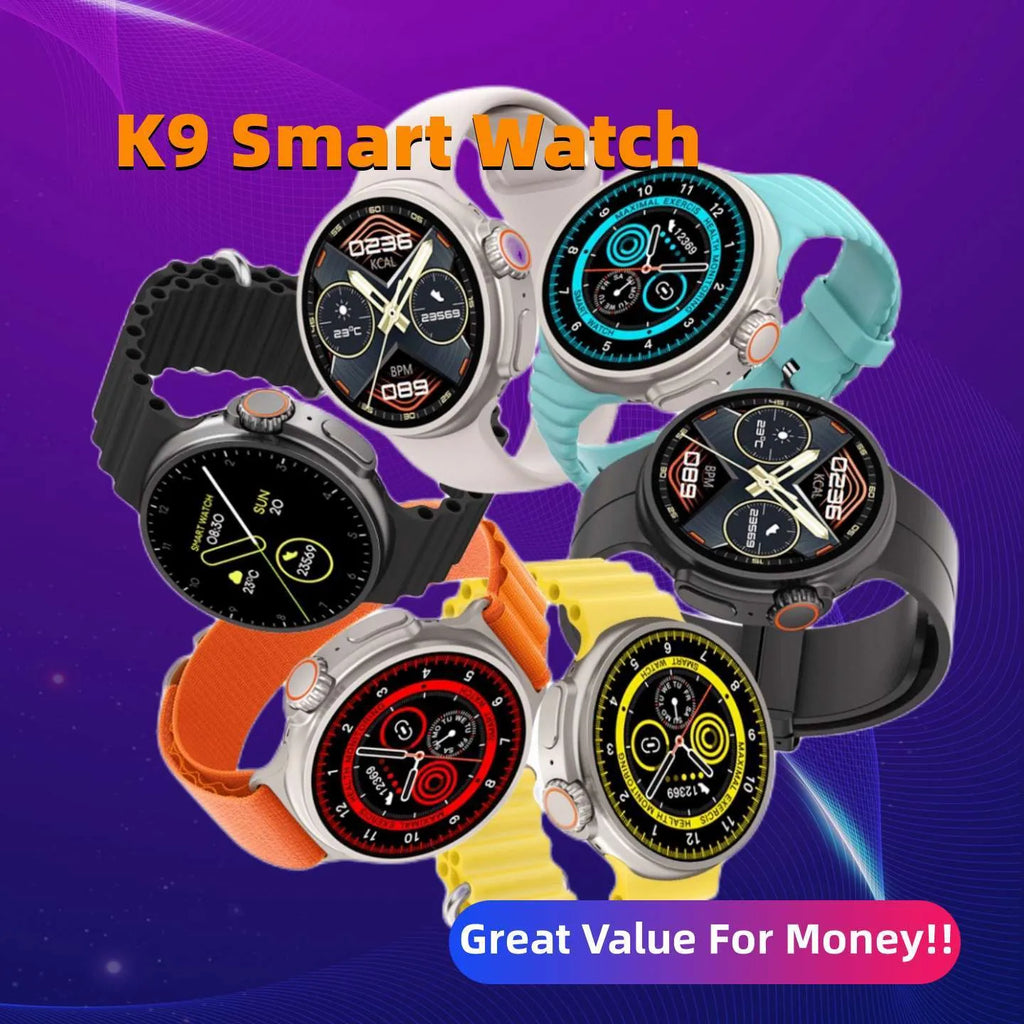 K9 smart watch with round screen on silicone strap, showing NFC and health tracking interface