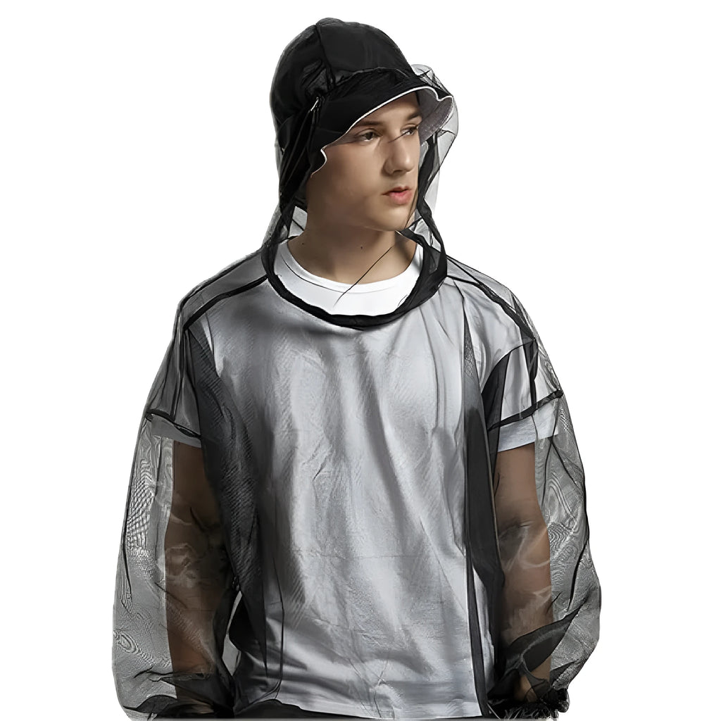 Black anti-mosquito net jacket with hood made from lightweight breathable polyester fibre