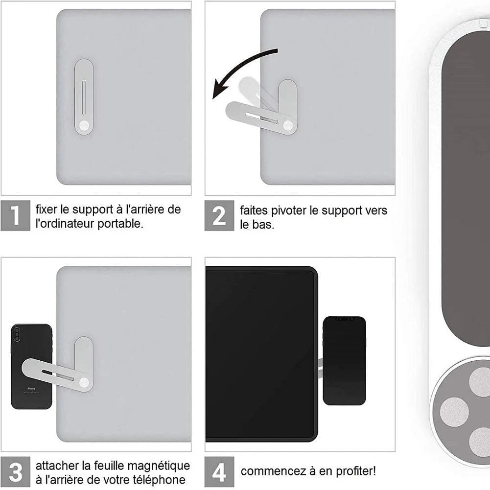 Silver aluminium bracket holding a mobile phone flush beside a laptop screen on a desk.