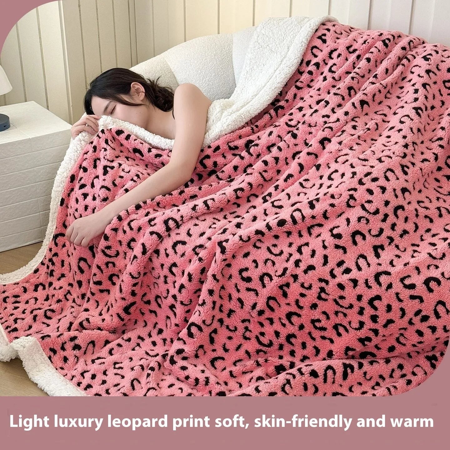 Double-layer cationic leopard jacquard taffeta blanket showing animal print pattern detail