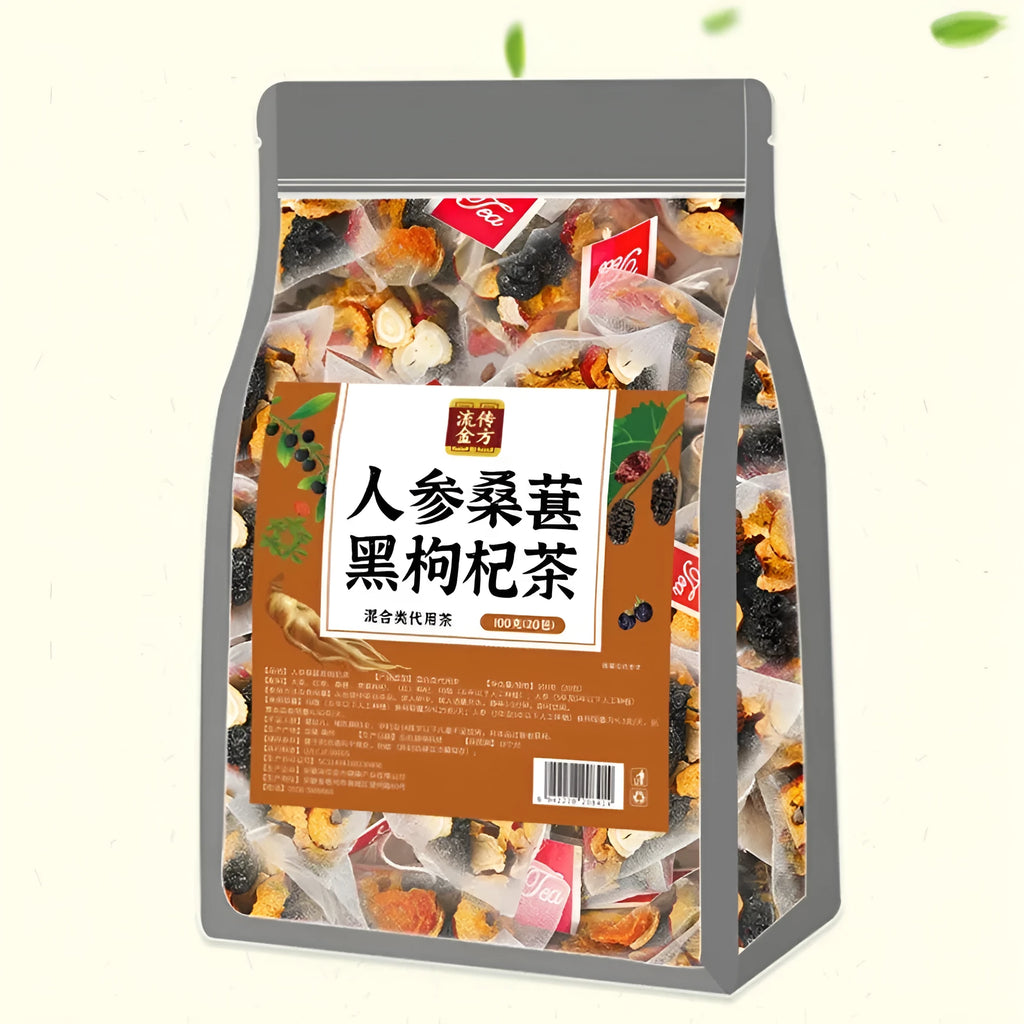 A bag of ginseng and black wolfberry tea containing 40 individual 5g sachets.