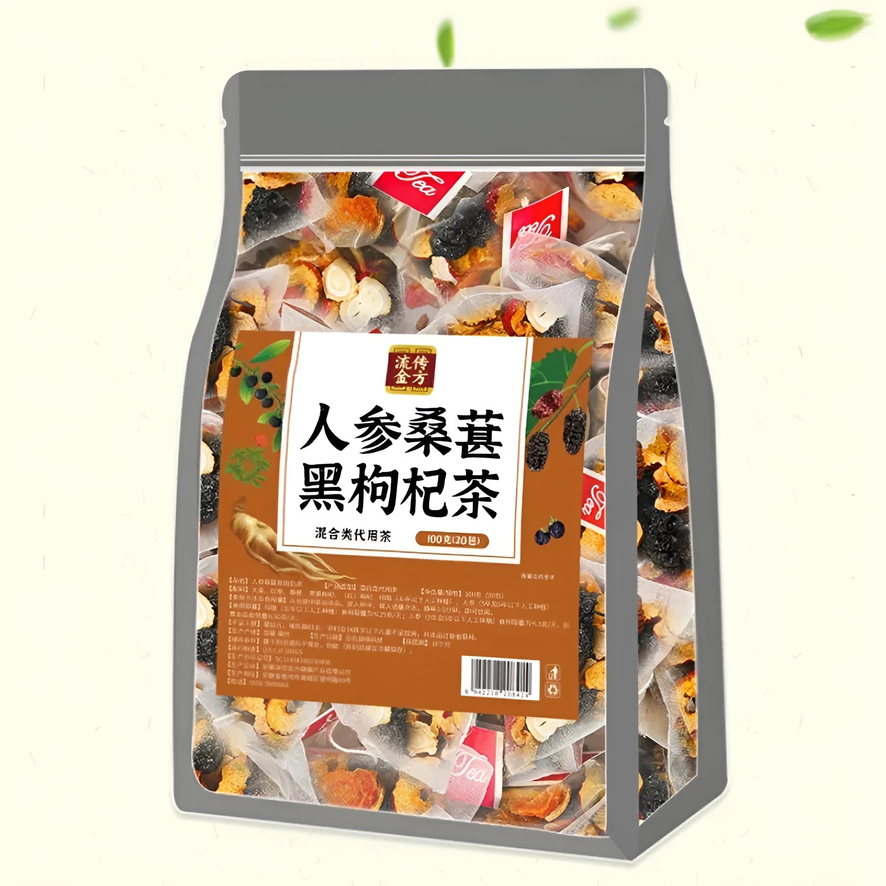 A bag of ginseng and black wolfberry tea containing 40 individual 5g sachets.