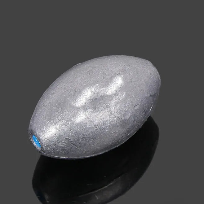 Tongxin style rugby-shaped olive lead fishing sinker with scale texture and plastic core, shown with weight options.